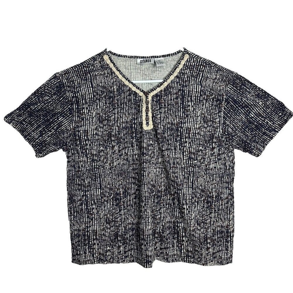 VTG 90s Gitano‎ Women’s Large Button Crochet Neckline Crop Top Abstract Print